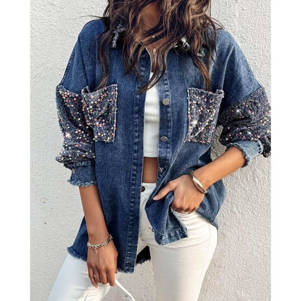 Women's Casual Denim Jacket Contrast Sequin Long Sleeve Denim Jackets Blue - Picture 7 of 7